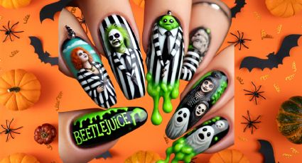 Diseños de uñas inspirados en Beetlejuice: el nail art perfecto para un Halloween