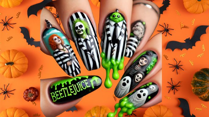 Diseños de uñas inspirados en Beetlejuice: el nail art perfecto para un Halloween