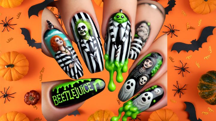 Diseños de uñas inspirados en Beetlejuice: el nail art perfecto para un Halloween