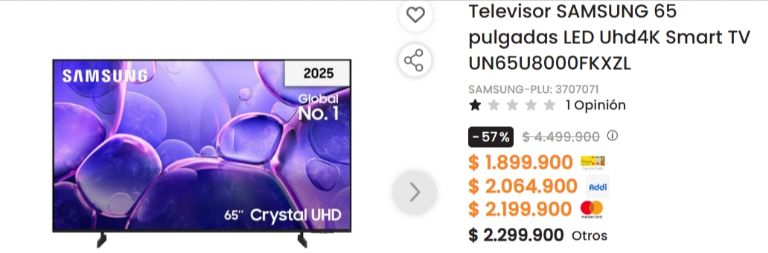 televisor Samsung de 65 pulgadas modelo UHD 4K supermercados exito